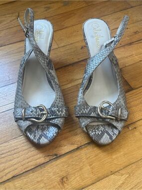 Cole Haan Gray Snake-Print Slingback Heels with Gold Buckles